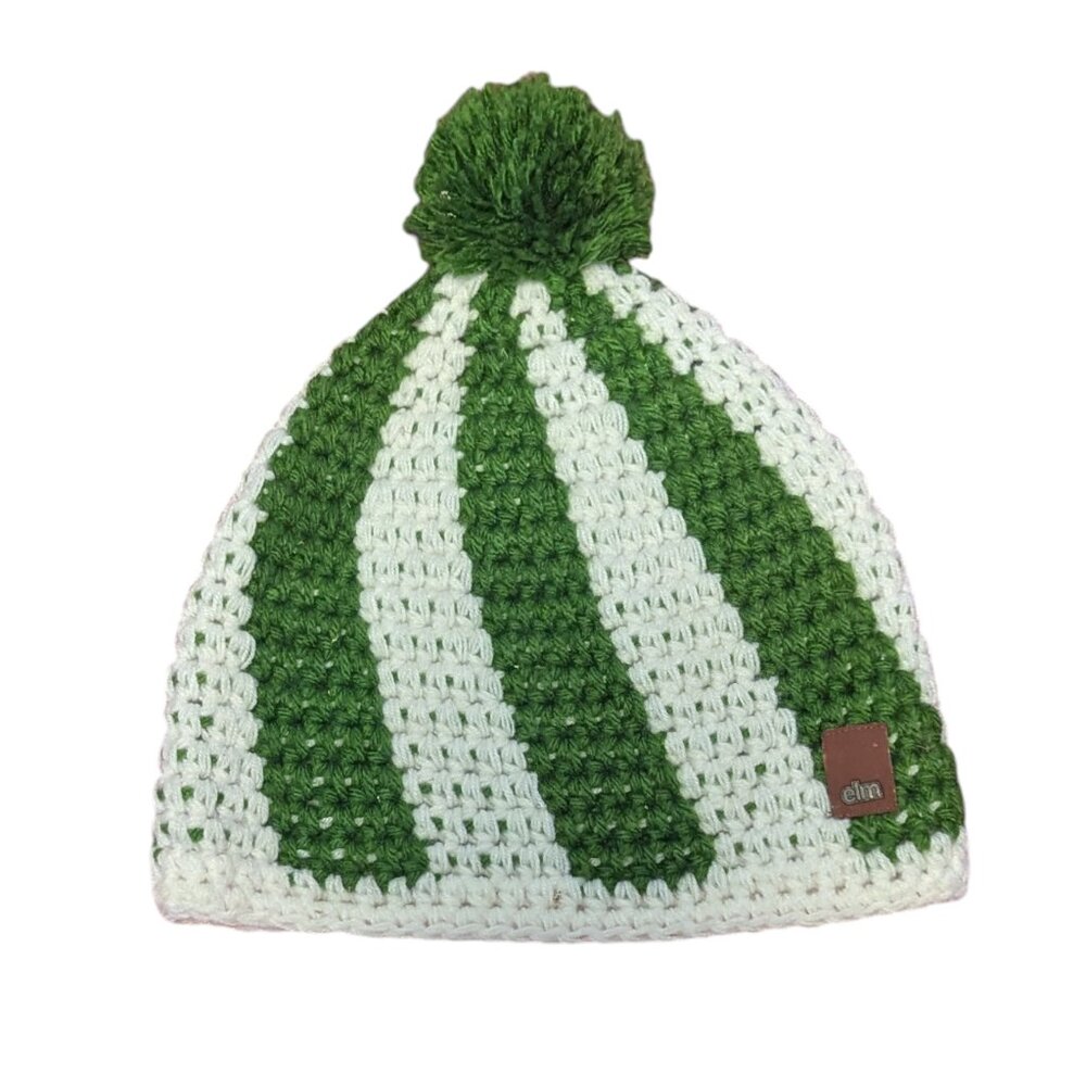 Striped Knit Hat Beanie Elm Retro Pom Pom Green‎ White Stripes Unisex